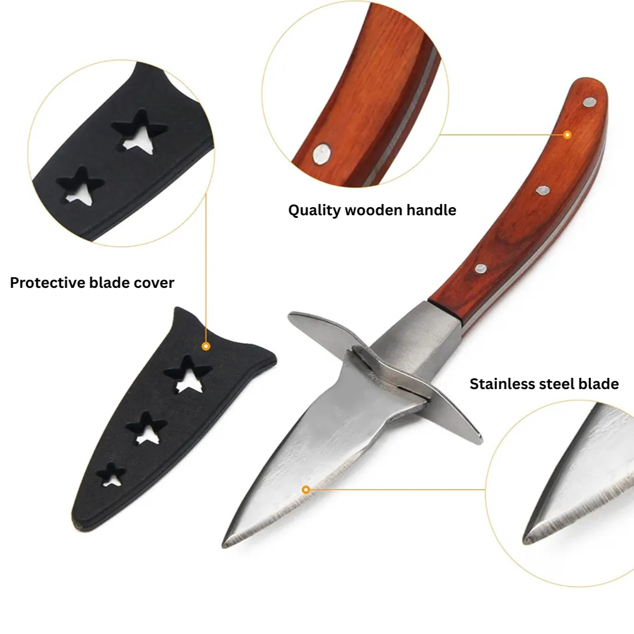 Oyster Knife | Guard & Blade Over | Stainless Steel Blade | Wooden Handle