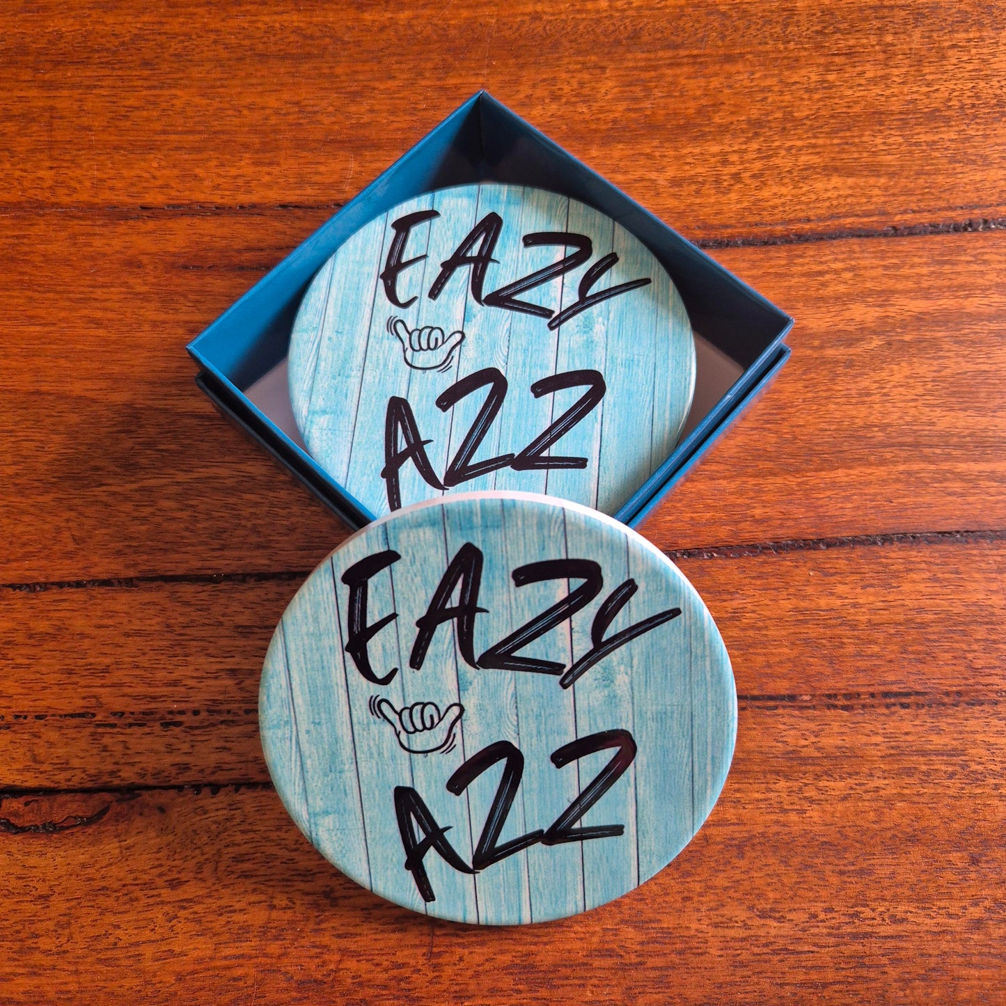 Eazy Azz ceramic table bar coasters set of 4 round boxed set 